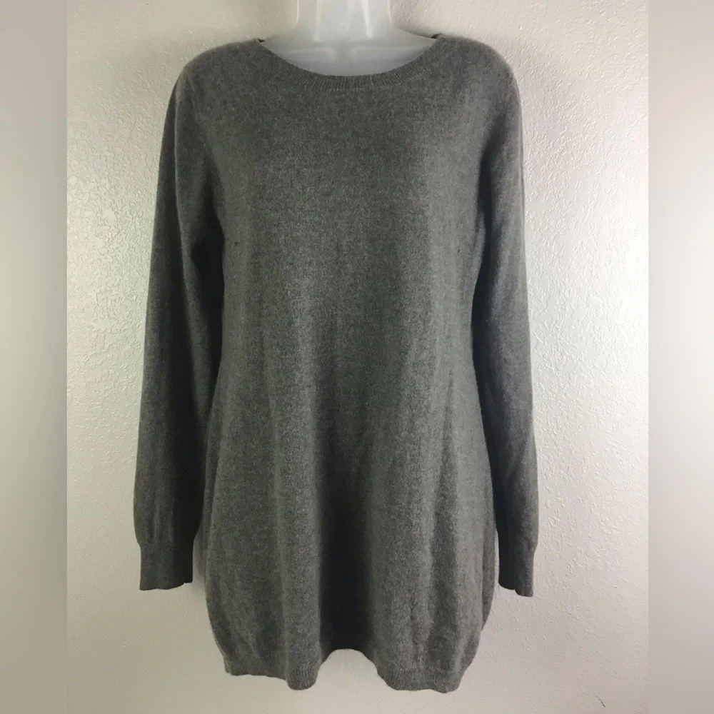 Ply Cashmere Women’s XL Crew Neck Gray Tunic Sweater Black Stripe on Back